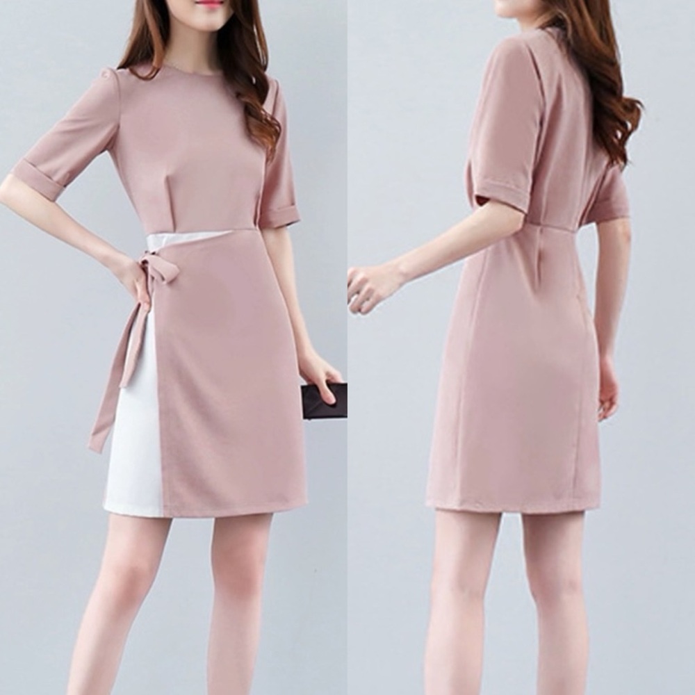 NEW Pink/White Crewneck Short Sleeve Faux Wrap Dress